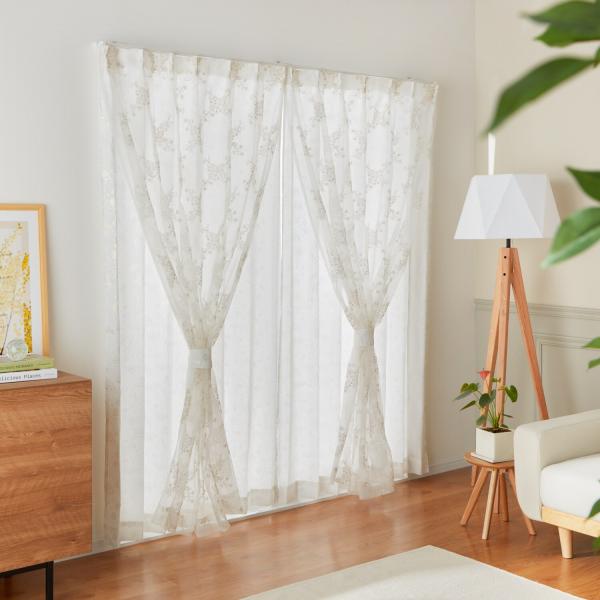 【新品未使用】ドレッシー UV 紫外線カット箔プリント生地 刺繍オーガンジー 二重レースカーテン２枚...