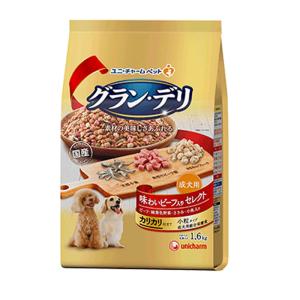 ユニチャーム グランデリ カリカリ仕立て 成犬用 味わいビーフ入りセレクト ビーフ・緑黄色野菜・ささみ・小魚入り 1.6kg 4520699621646｜ejoy