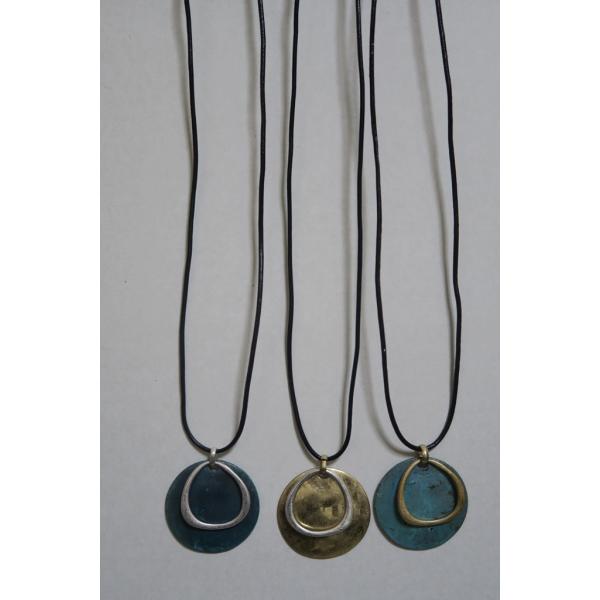 ネックレス　アンティーク　ゴールド　シルバー　ターコイズ　サークルプレート　黒チェーン　プレゼント　...