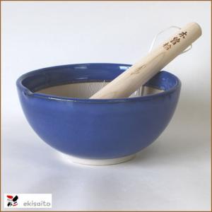 すり鉢 波紋 丸6号 コバルトブルー (国産 桧すりこぎ付)