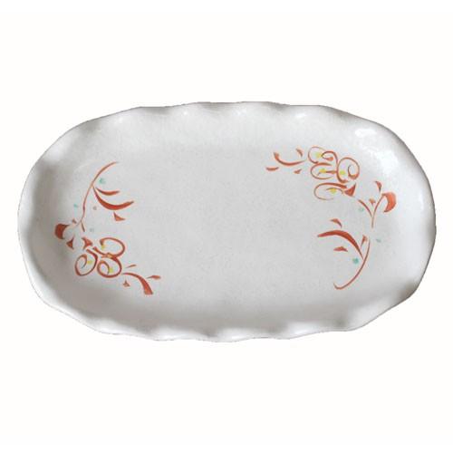 焼物皿 赤絵花 楕円皿 フリル焼物皿 (21.5cm)