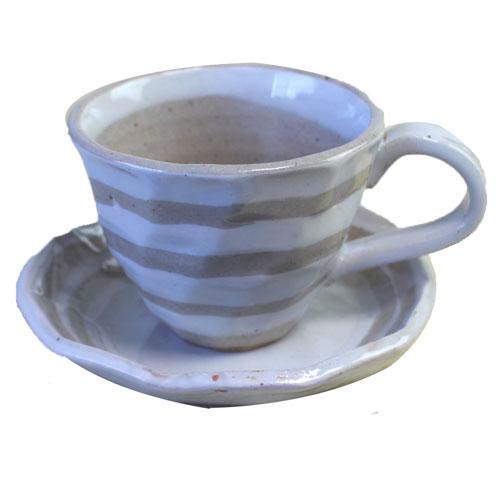 コーヒーカップ＆ソーサー 白ボーダー碗皿 土物 国産