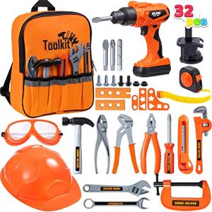 JOYIN 32PCS Kids Tool Set Pretend Play Toddler Tool Toys with Construction Backpack Costume ＆ Electronic Toy Drill for Boy Girl Halloween Birthday Dの商品画像