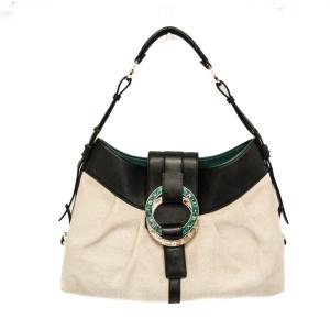ブルガリ(Bvlgari) チャンドラ レディース レザー,キャンバス ハンドバッグ,ショルダーバッグ ブラック,ライトベージュ