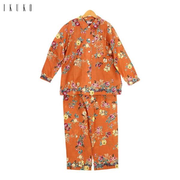 20%OFF イクコ IKUKO シングルガーゼ 前開きボタン 長袖 花柄パジャマ ポケット付き S...