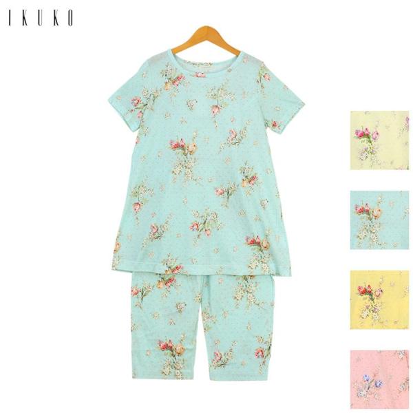 20%OFF イクコ IKUKO シングルガーゼ 花柄 パジャマ 丸首 半袖 SN180RD