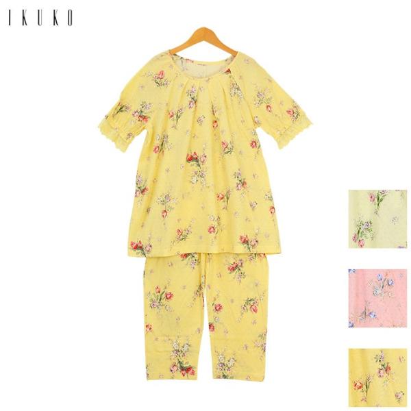 20%OFF イクコ IKUKO シングルガーゼ 袖口レース 半袖 花柄パジャマ SN210PD