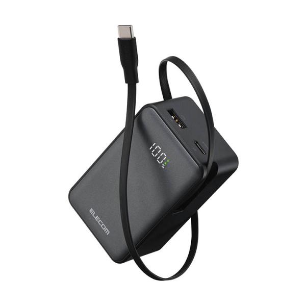 エレコム モバイルバッテリー 巻き取り式 ケーブル一体型 10000mAh 35W リチウムイオン電...