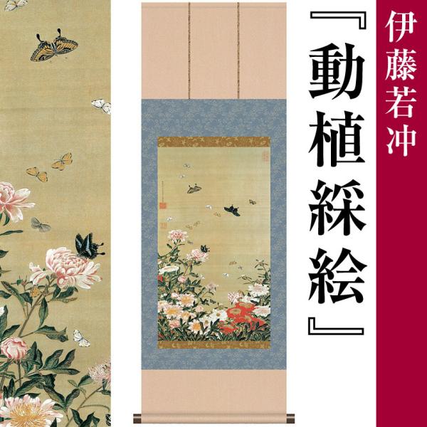 掛け軸 掛軸 伊藤若冲 作品 動植綵絵 芍薬群蝶図 尺三サイズ 名画複製画 - アートの友社