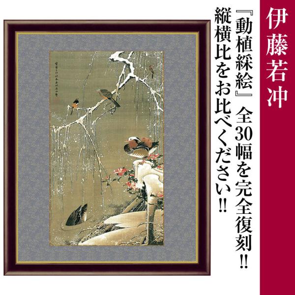 額付き 伊藤若冲 作品 動植綵絵 雪中鴛鴦図 横42cm額 名画複製画 - アートの友社