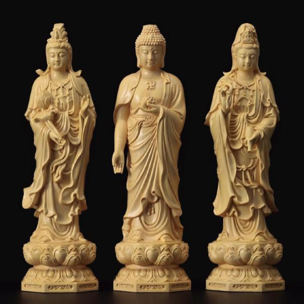 黄楊彫刻 阿弥陀三尊 （三尊セット） 仏像 仏像彫刻 浄土宗 立像4.5寸 - アートの友社