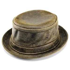 メンズ ハット ニューヨークハット New York Hat レザーポークパイハット アンティークスキン 帽子 ラムスキン 茶 Antique Leather Pork Pie 9283 ブラウン｜elehelm-hatstore