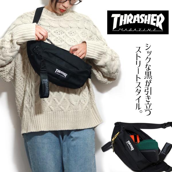 スラッシャー THRASHER ボディバッグ ウエストポーチ ウエストバッグ ロゴ刺繍 黒 ポーチ ...