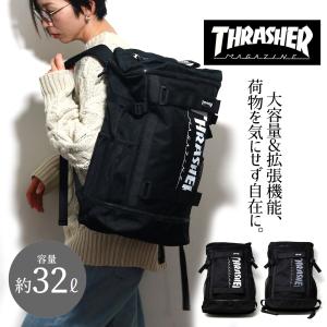 THRASHER スラッシャー バックパック 大容量 スケートホルダー シンプル 通学 リュックサック メンズ デイバック レディース 子供 通勤 旅行 スケボー ブラック｜elehelm-hatstore