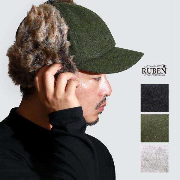 イヤーフラップキャップ フェイクファー 飛行帽 耳あて パイロットキャップ ルーベン ウールライク ...