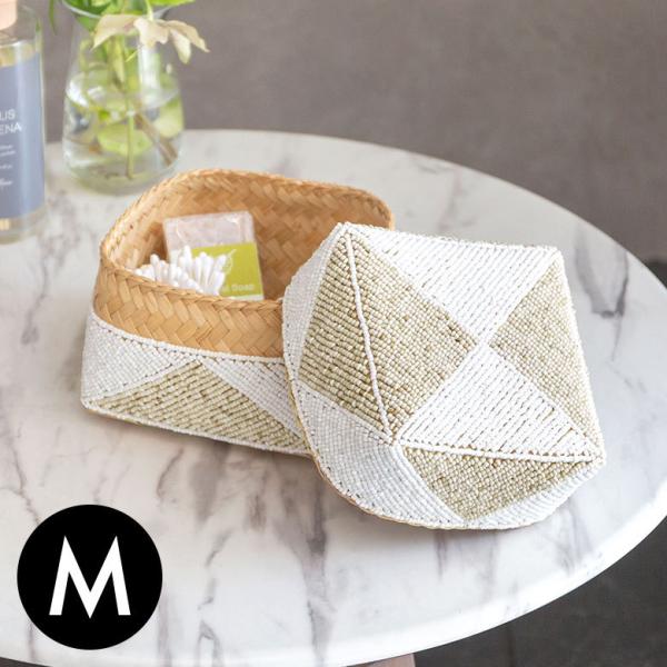 小物入れ 蓋つき ビーズ製 バスケット 収納 ダイヤ柄 アジアン雑貨 Mサイズ アクセサリーボックス...