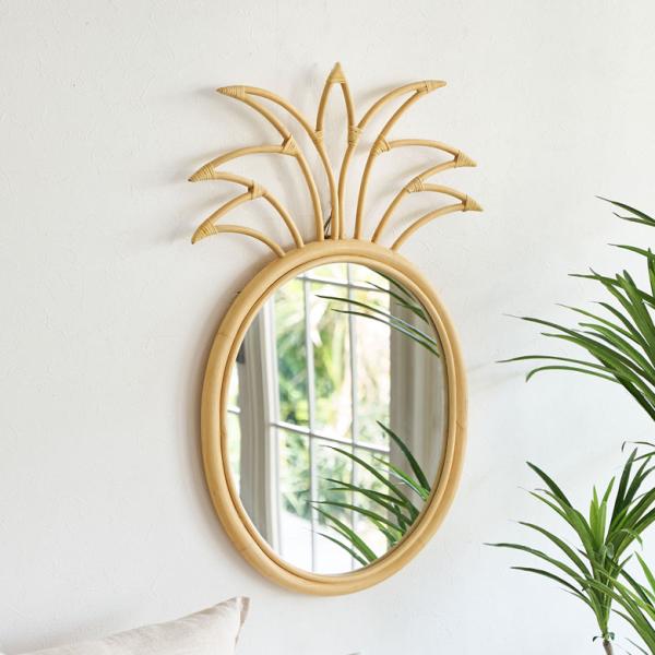 大きい 鏡 壁掛け ミラー ラタン ウォールミラー 楕円 パイナップル ラタンミラー デザインミラー...