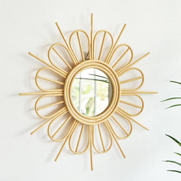 鏡 壁掛け ミラー ラタン ウォールミラー 丸 フラワー 壁掛鏡 ラタンミラー デザインミラー 花 ...