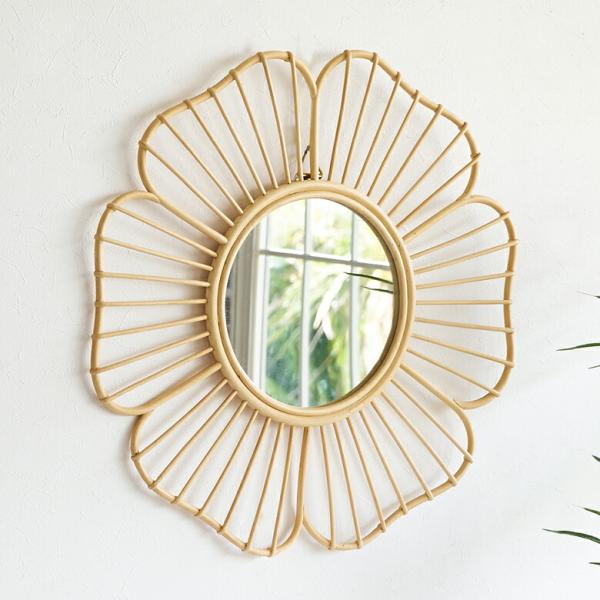 鏡 壁掛け ミラー ラタン ウォールミラー 丸 フラワー 壁掛鏡 ラタンミラー デザインミラー 花 ...
