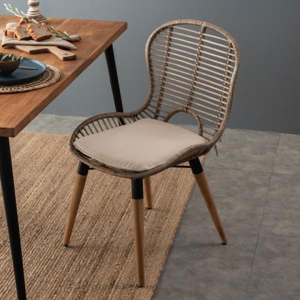 チェア 肘なし イス ラタン 籐 シンプル 木製脚 一人掛け 背もたれ付き クッション付き 格子 ベ...