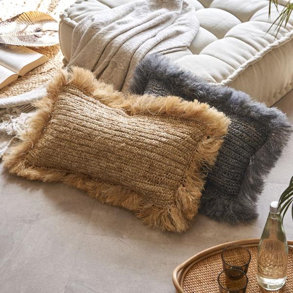 クッションカバー 30×50 長方形 天然素材 ヤシ ラフィア フリンジ カバーのみ 椰子 南国 ヤ...