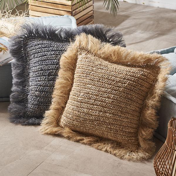 クッションカバー 40×40 正方形 天然素材 ヤシ ラフィア フリンジ カバーのみ 椰子 南国 ヤ...