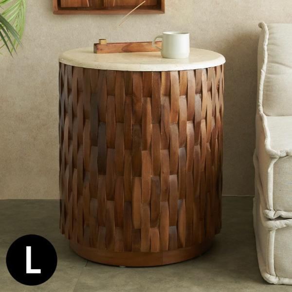 サイドテーブル 大理石 丸 木製 チーク材 リサイクルウッド 異素材 ナイトテーブル ウッド 無垢 ...