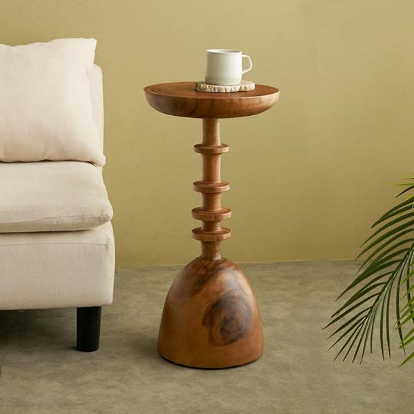サイドテーブル 木製 丸 天然木 チークウッド スワールウッド ナイトテーブル 完成品 ウッド 無垢...