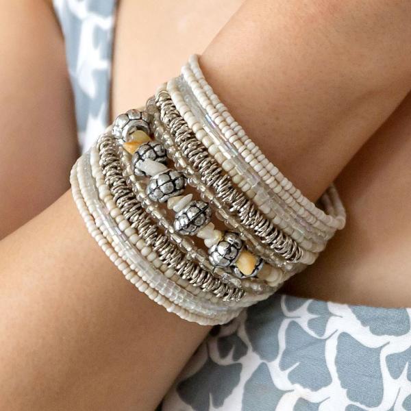 ブレスレット バングル レディース 太め ワンタッチ エスニックビーズ ストーン シンプル ワイド ...