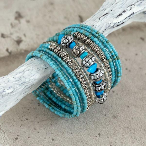 ブレスレット バングル レディース 太め ワンタッチ ビーズ ストーン ターコイズ シンプル ワイド...