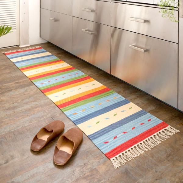 キッチンマット おしゃれ 玄関マット 45×180cm ラグ マット キリム インド綿 ネイティブ ...