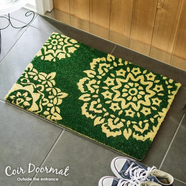 コイヤーマット 玄関マット ドアマット 室外 バティック柄 グリーン エントランス テラス デッキ ...