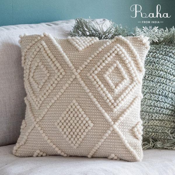 クッションカバー インド アイボリー 幾何柄 ジオメトリック ダイヤ柄 Raha ラーハ  正方形 ...
