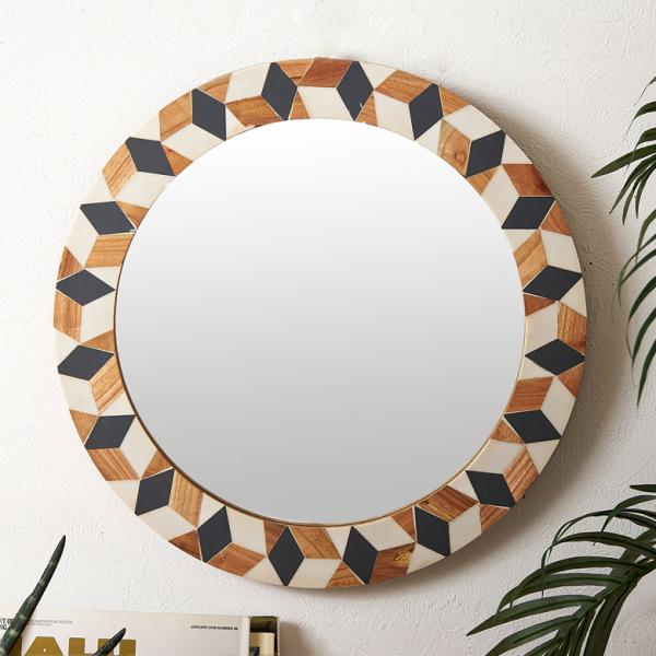鏡 壁掛け鏡 円形 丸型 ジオメトリック柄 かがみ ウォールミラー 化粧鏡 立て掛け鏡 リビング 寝...