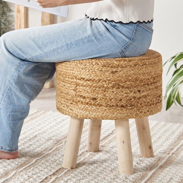 スツール 丸 ラウンド 円形 ジュート 木製脚 椅子 いす イス チェア 腰掛け オットマン 花台 ...
