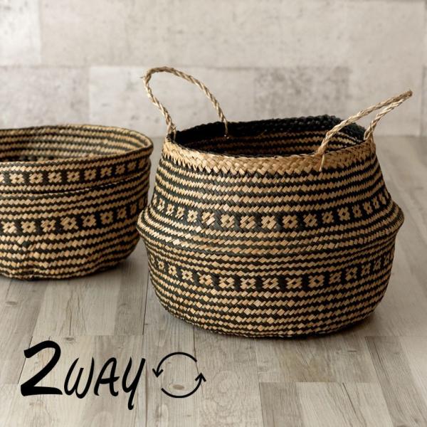 バスケット カゴ 大容量 [ブラック] シーグラス製 民族柄 深型 収納 アジア雑貨 持ち手つき コ...