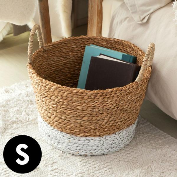 バスケット かご バイカラーバスケット シーグラス 持ち手つき Sサイズ ナチュラル ホワイト ラン...