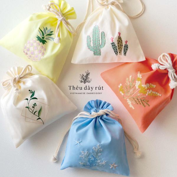 巾着袋 Mサイズ ベトナム 刺繍 オリジナル ポーチ ベトナム雑貨 ギフト プレゼント お土産 ハン...