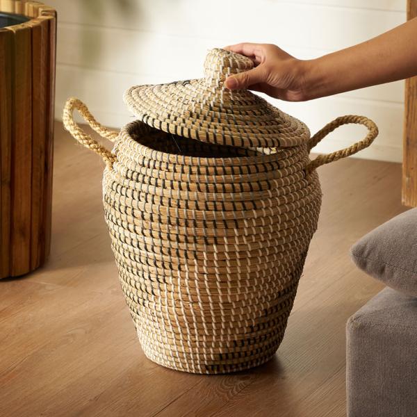 バスケット ふた 持ち手 付き かご シーグラス 高さ 39cm 収納 セネガル ダスト ボックス ...