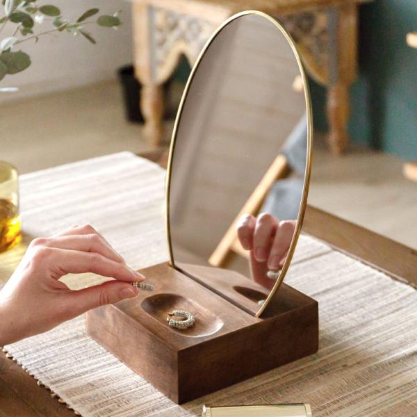 卓上ミラー 楕円形 オーバル型 鏡 真鍮フレーム 天然木 角度調整可 アンティーク調 化粧鏡 おしゃ...
