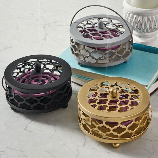 蚊取り 線香 入れ 蓋付き 円形 モロッカン柄 スチール製 ブラック ゴールド シルバー ホルダー ...