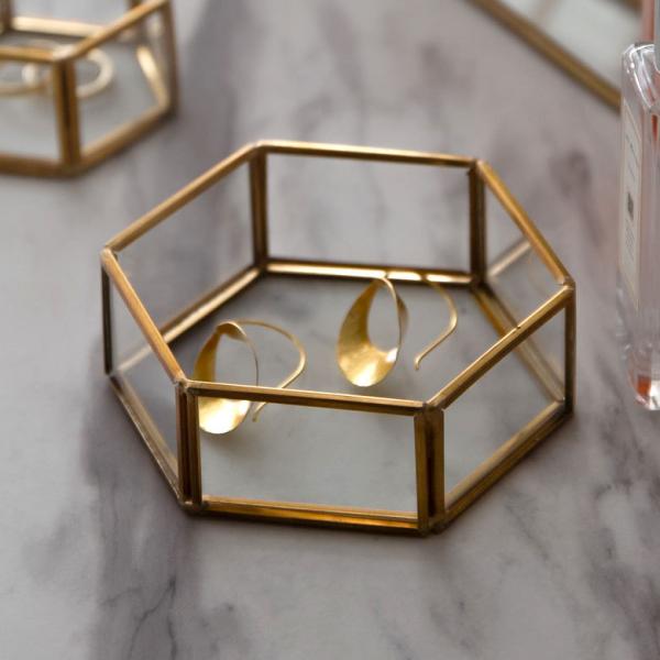 アクセサリーケース ガラス 真鍮 アクセサリー 収納 六角形 Mサイズ ケース ディスプレイ ジュエ...