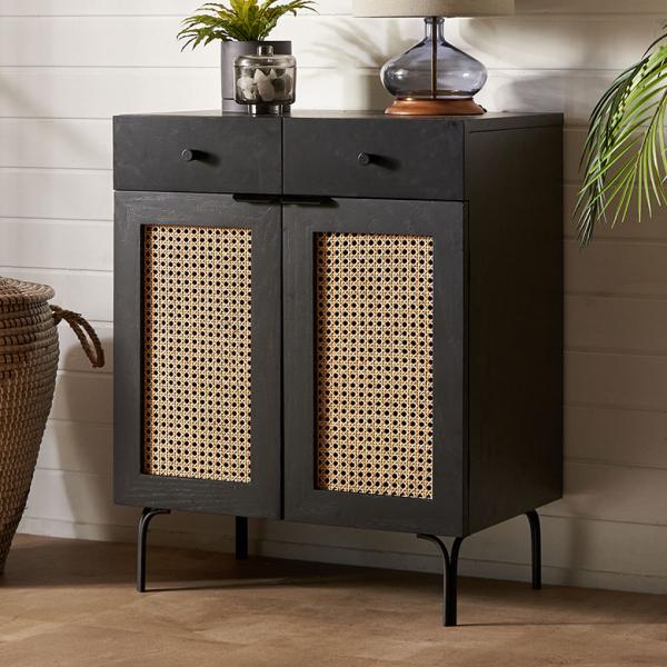 キャビネット 木製 60 扉付き 収納棚 引き出し ラタン 収納 脚付き サイドボード リビング 家...