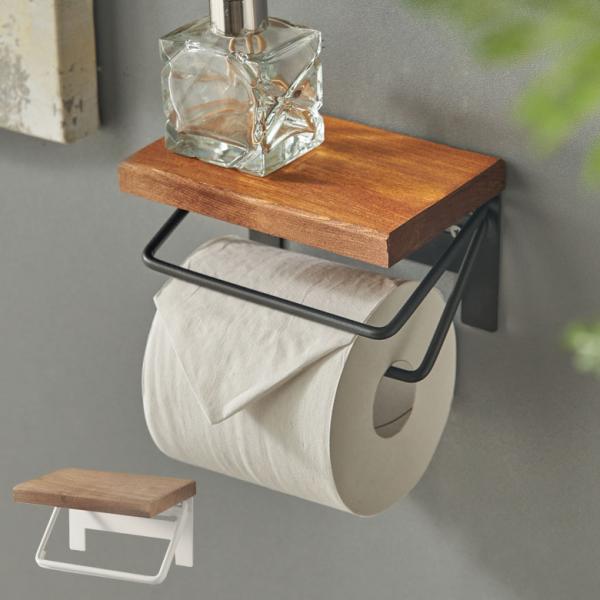 トイレット ペーパー ホルダー シングル  1連 棚付 天然木 アイアン 収納 DIY ヴィンテージ...