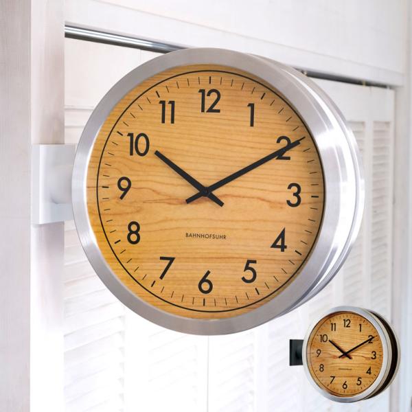 時計 壁掛け時計 丸型 直径38cm アルミ ガラス ダブルフェイス 両面 スイープムーブメント モ...