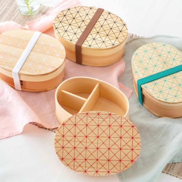 ランチボックス お弁当箱 わっぱ 楕円 木製 格子柄 720ml 天然木 白木 小判型 柄付き 仕切...