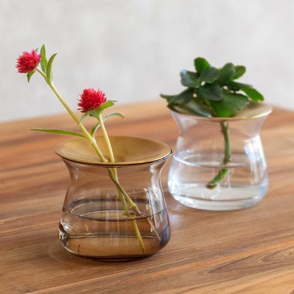 フラワーベース 一輪挿し ガラス 真鍮 クリア ブラウン 花瓶 170ml 水耕栽培 インテリア ブ...