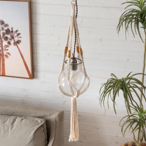 ペンダントライト ガラス E26 直径約20cm マクラメ クリア 照明 浮き球 オブジェ LED対...