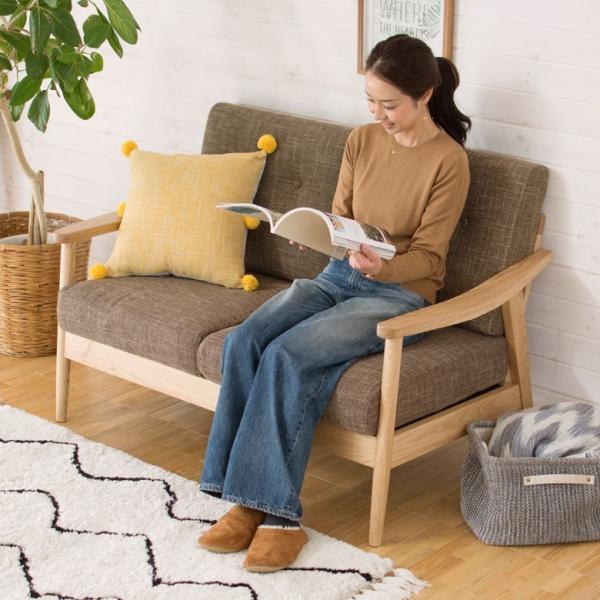 ソファ 2人掛け 肘掛け ひじ掛け アームソファ ローソファ 肘置き付き 天然木 ブラウン ファブリ...