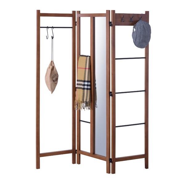 ハンガーラック コートハンガー 木製 ミラー付き フック付き 天然木 スリム パーテーション ついた...